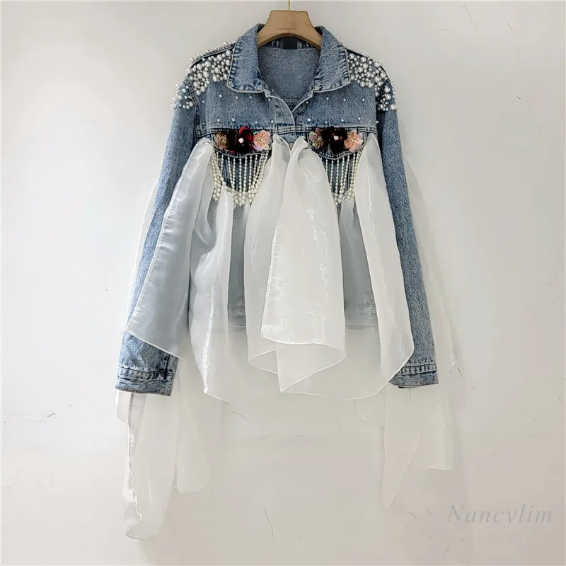 

Женская джинсовая куртка, демисезонная Свободная куртка с цветочным кружевом и бусинами, уличная универсальная верхняя одежда, 2022
