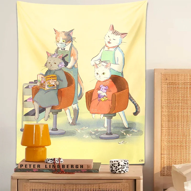 Гобелен с мультяшным котом на стену ткань принтом в стиле бохо для стрижки милым