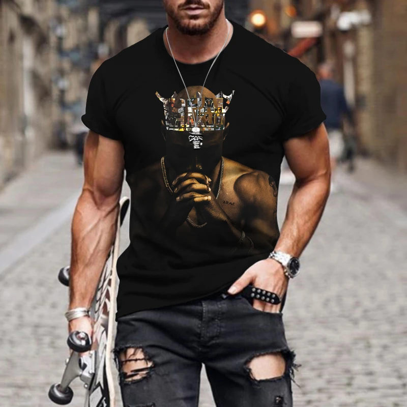 Футболка Tupac Crown в стиле хип-хоп модная дышащая черная рубашка уличном Харадзюку с