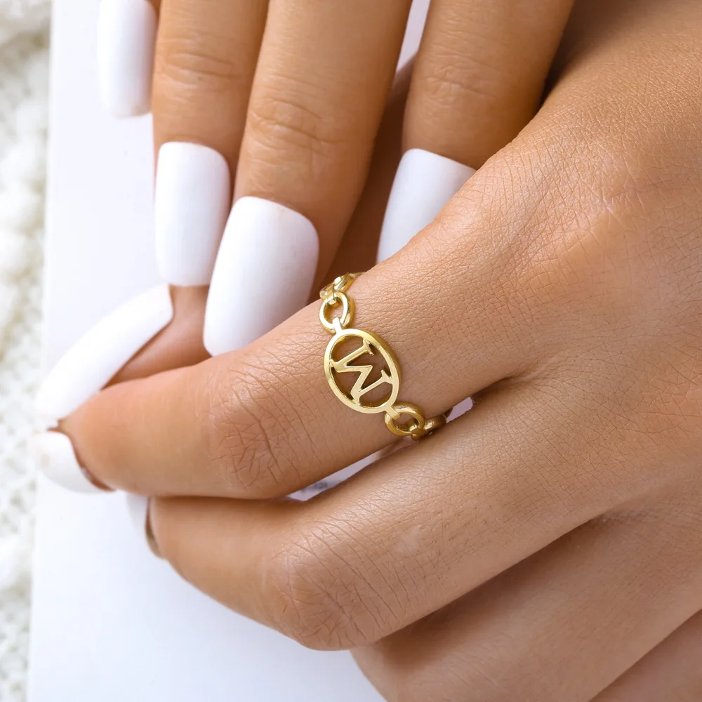 

Hollow Initial Letter Rings For Women Stainless Steel Cuban Link Adjustable Couple Ring Female Wedding Gothic Jewelry Gift