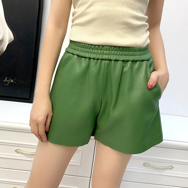 2023 New Arrivals Women Leather Mini Pants Lady Fashion Elastic Waist Sheep Short Pants Solid Color Summer Hot TF3920