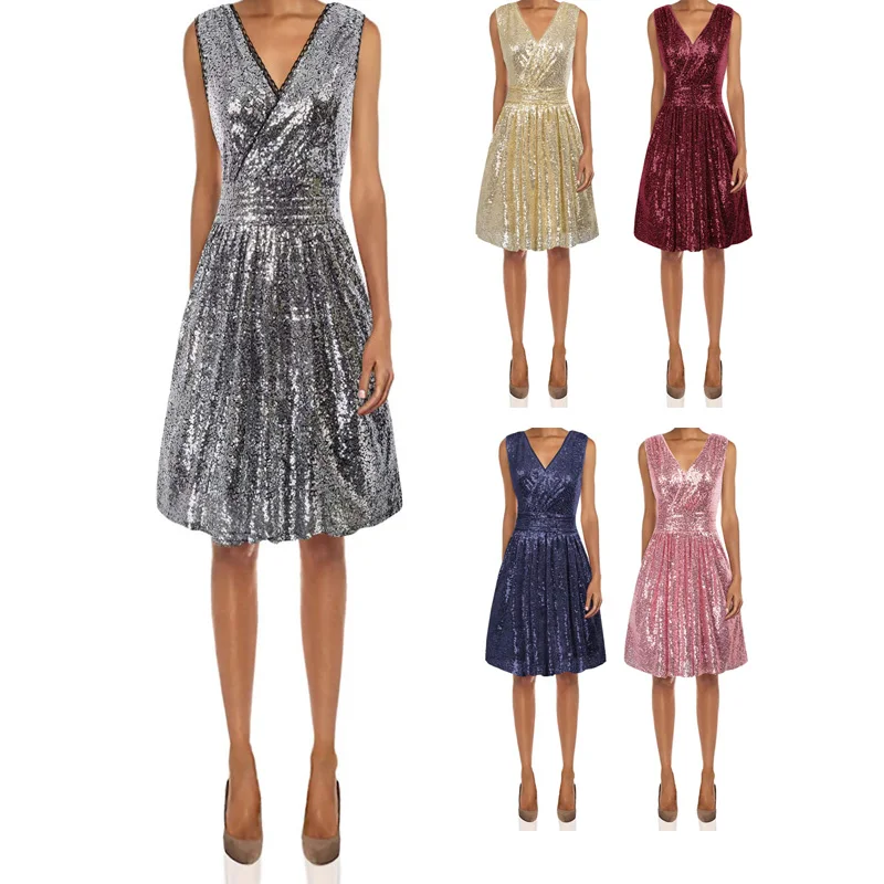V-neck Short Elegant Dresses for Women A-Line Sleeveless with Pleated Top vestidos para señoras de 50 años elegantes