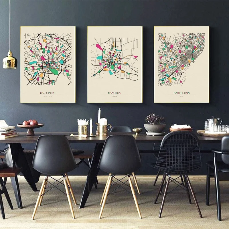 

Baltimore,Bangkok,Barcelona,Bari,Basel,Colorful City Maps Poster Canvas Print Wall Art Home Decor