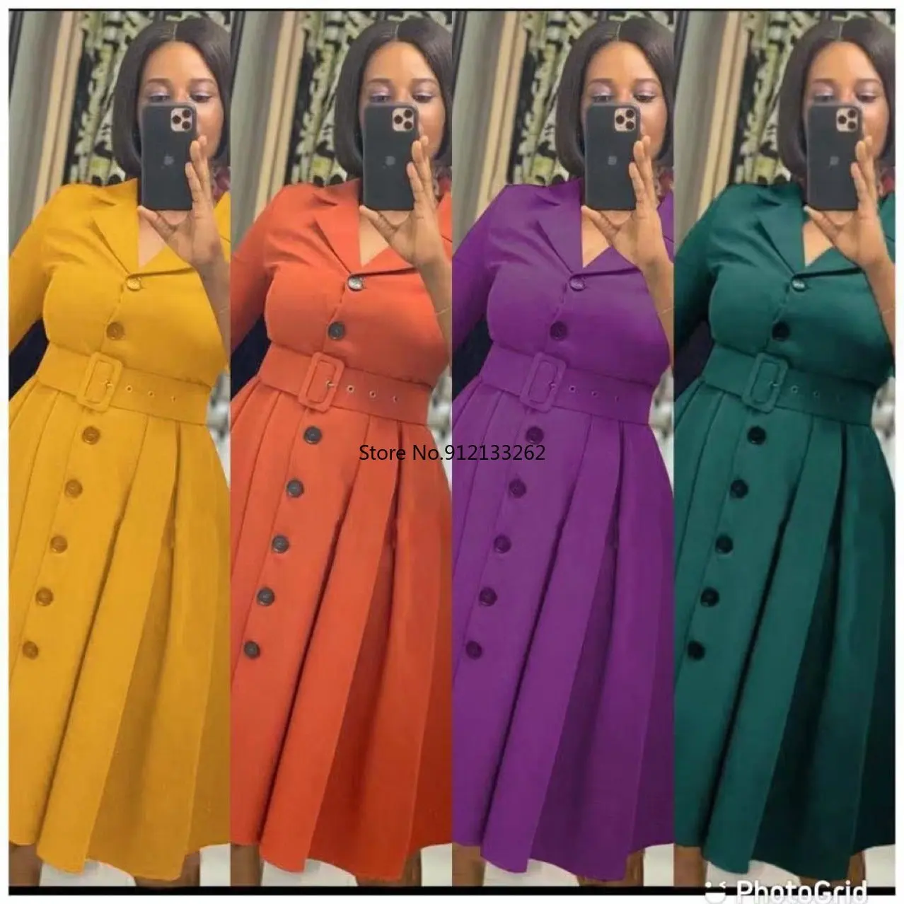 

African Dresses for Women Spring Autumn African Women V-neck Polyester Solid Color Knee-length Dress African Clothes Women