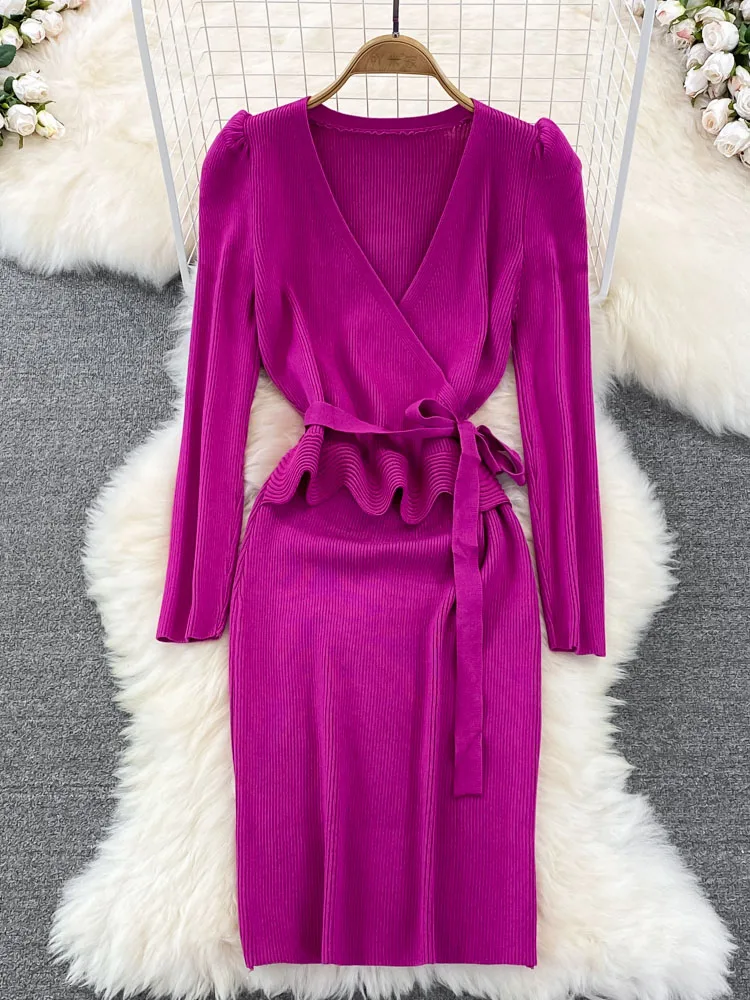 

2022 Autumn Korean Version Cross Temperament V-neck Puff Long-sleeved Waist Bandage Slimming Knitted Hip Vestidos Women D1582
