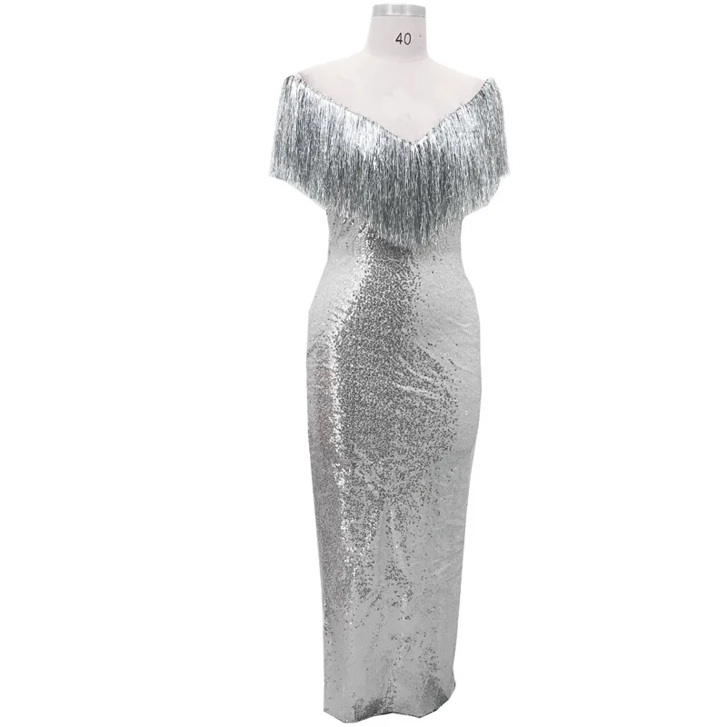 2022 New Spring And Autumn Women Sexy Elegant Party Dresses Long Skirt V-neck Split Silver Dress Luxurious Banquet Evening Dress