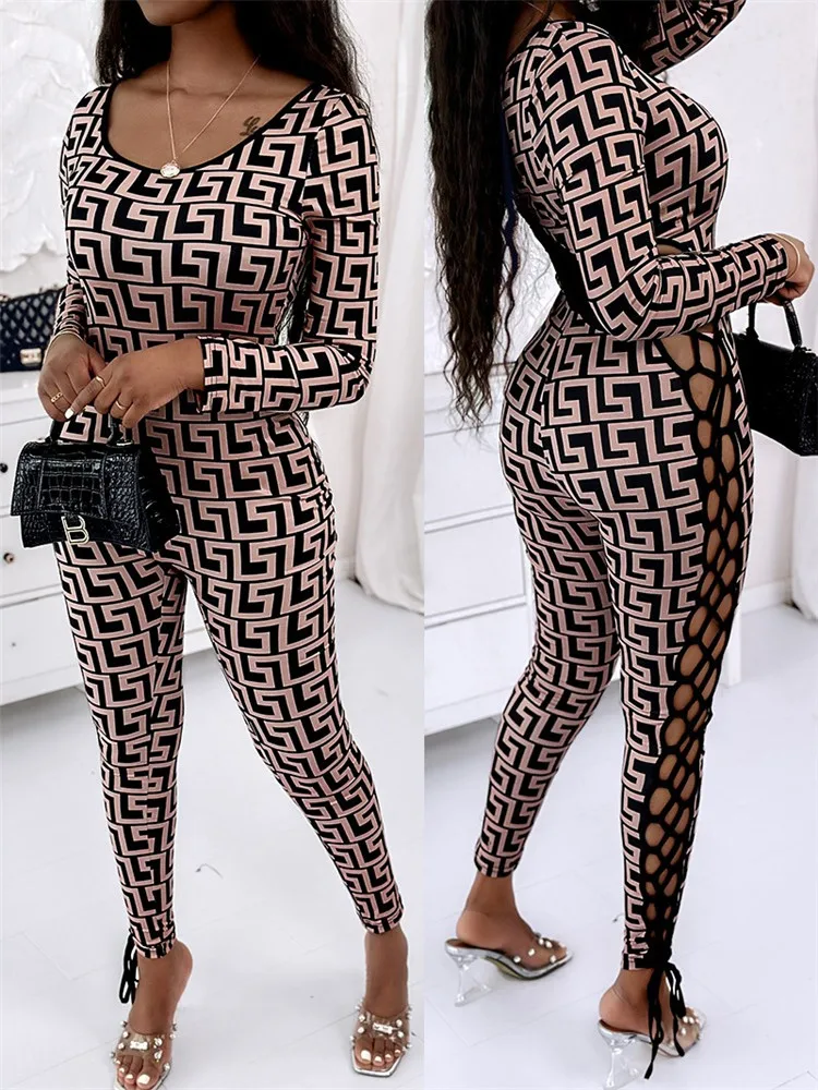 

Sets Outifits 2023 NEW Geometric Print Lace-up Long Sleeve Jumpsuit of One Fashion Casual Pieces for Women Tracksuits Elegant Fe