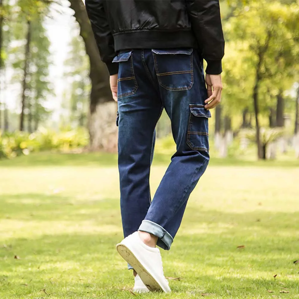 Autumn Winter Multi Pocket Cargo Pants Men's Casual Jeans Straight Loose Baggy Trousers Streetwear Denim Clothing Plus Size 48