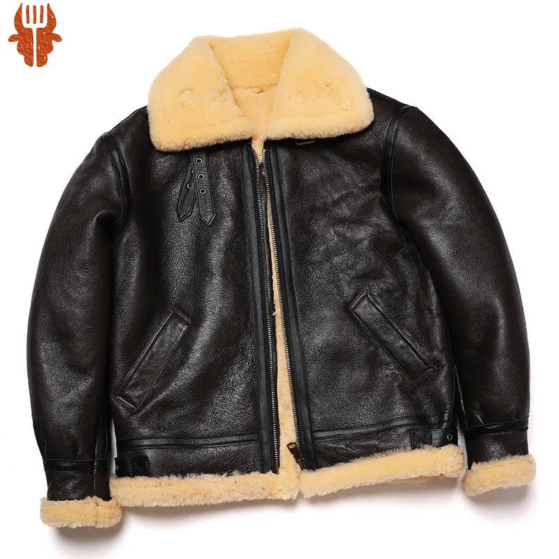 

New Brown Shearling Wool Original Ecological Fur Leather Jacket Thick Sheep Clothing Male Warm Genuine Sheepskin Flight Coats