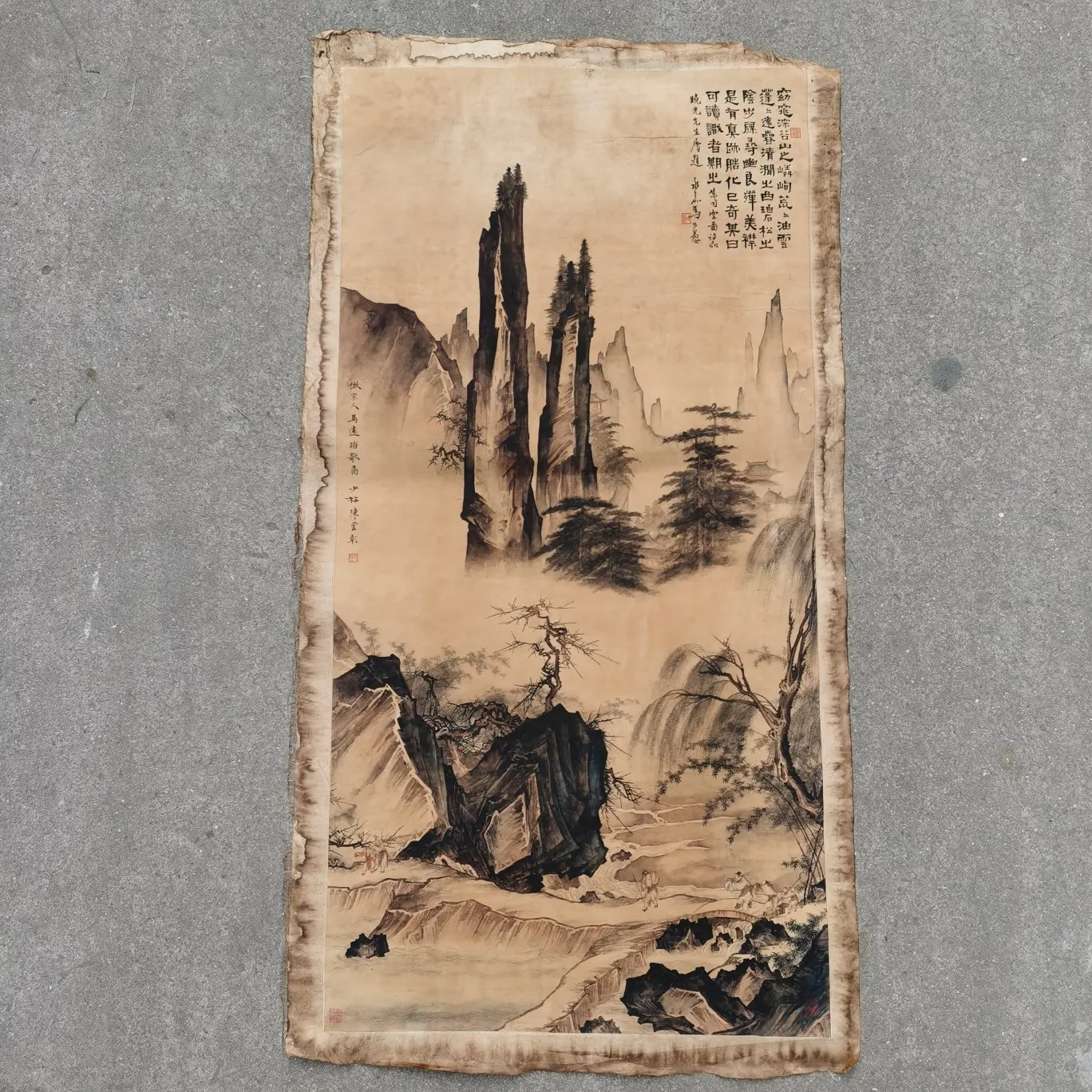 Chinese Old Scroll LangShiNing- Landscape Rice Paper Painting Slice | & Calligraphy