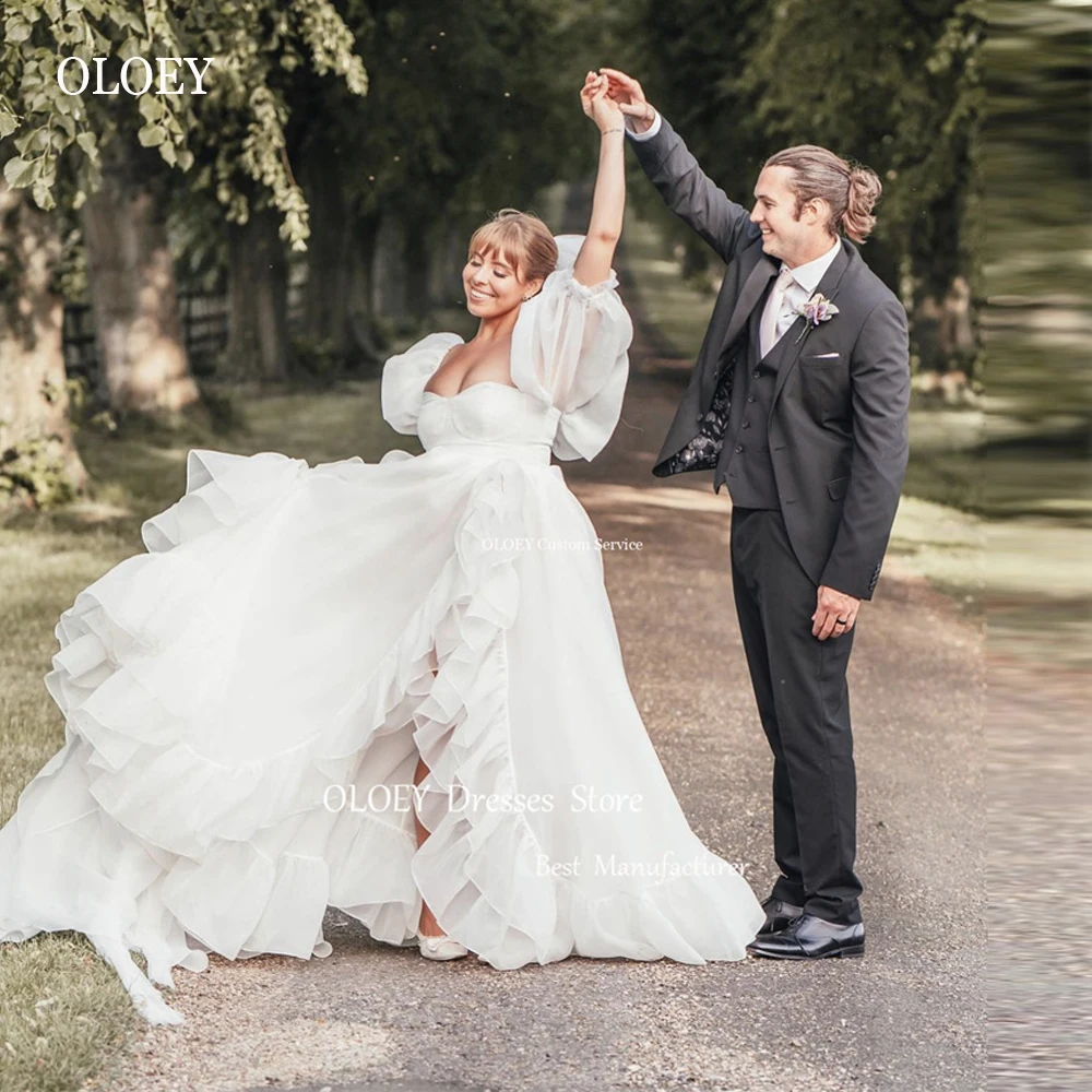 

OLOEY 2023 A Line Organza Wedding Dresses Puff Short Sleeves Sweetheart Split Princss Bride Bridal Gowns Evening Party Dress