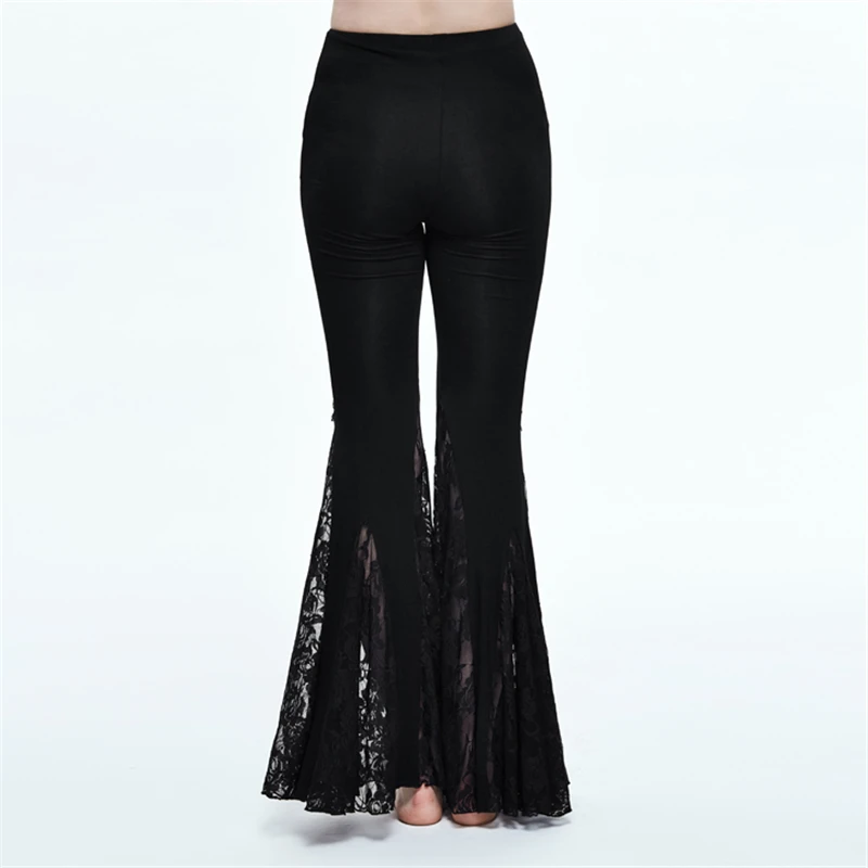 Vintage Gothic Black Stretch Leggings For Women Wide Leg Pants Steampunk Casual Sexy Lace Flare Pants Long Pants