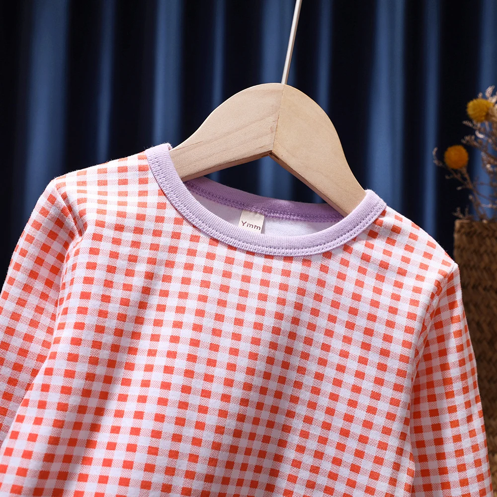 Spring Autumn Children's Clothes Set Long Johns Suit Girls Plaid Cotton Pajamas 2PCS Tops+Pants Baby Kids Underwear Casual Suit