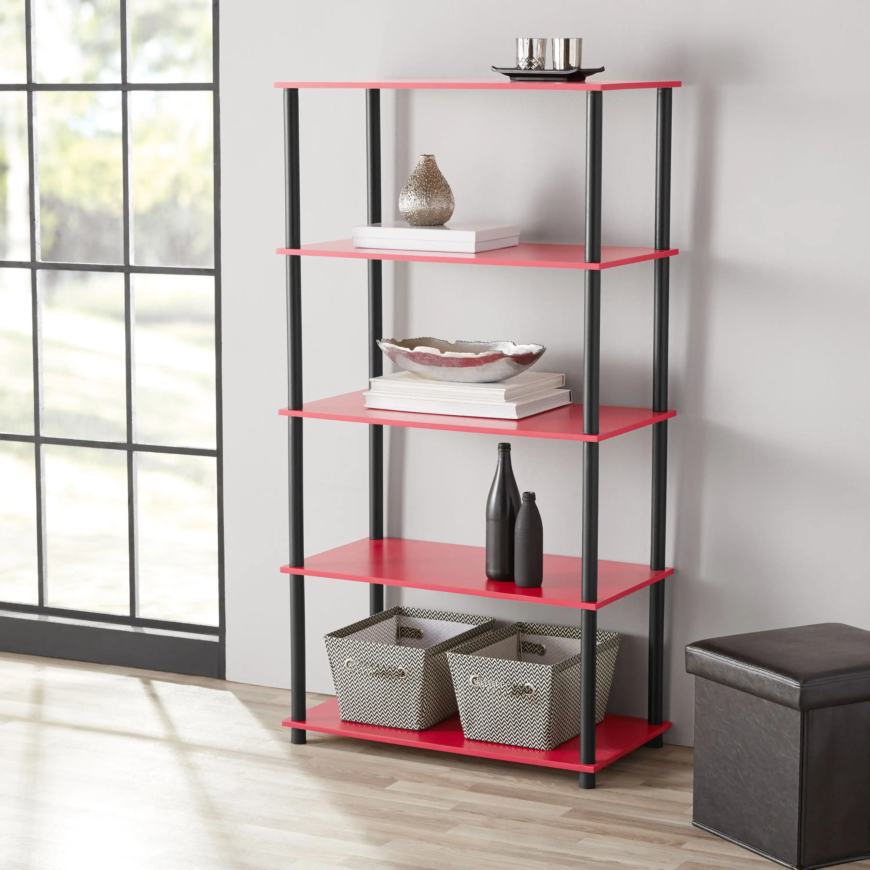 

No Tools 5 Shelf Bookcase, Red/Black