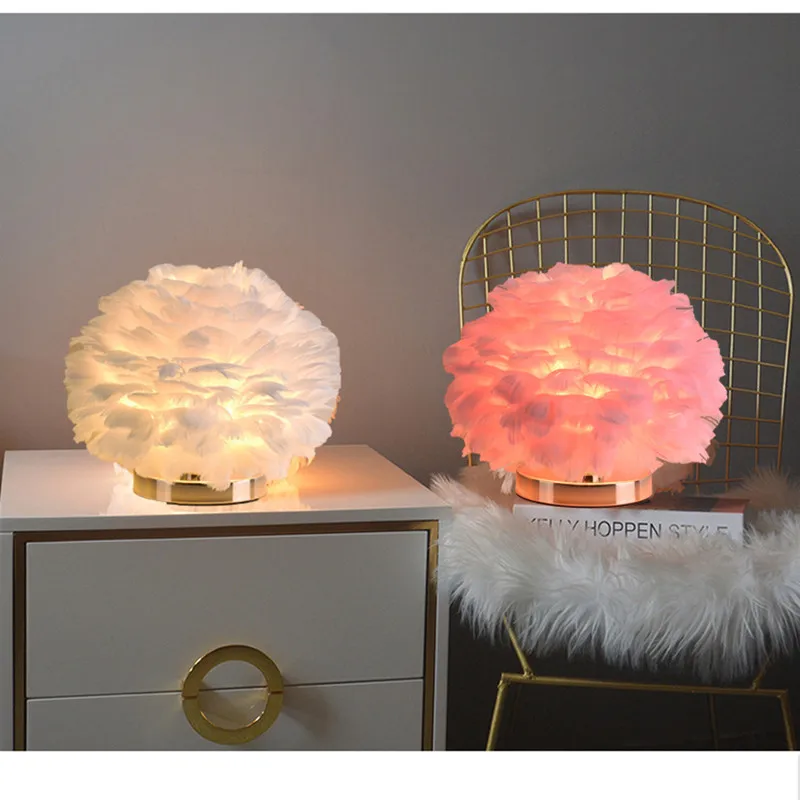

Feather Table Lamp Brightness Adjustable With Switch Creative Feather Lampshade Wedding Home Bedroom Decor LED Bedside Lamp