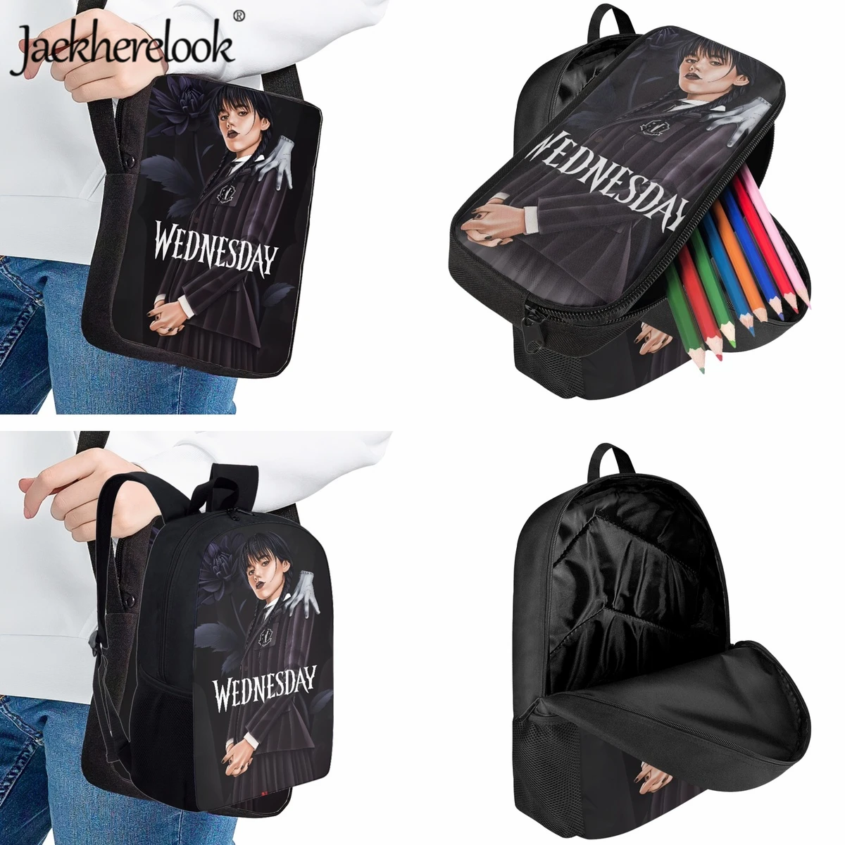 Jackherelook 3pcs/set Teen School Bags Students Casual Travel Backpack Wednesday Addams Print Bookbag Crossbody Bag Pencil Case