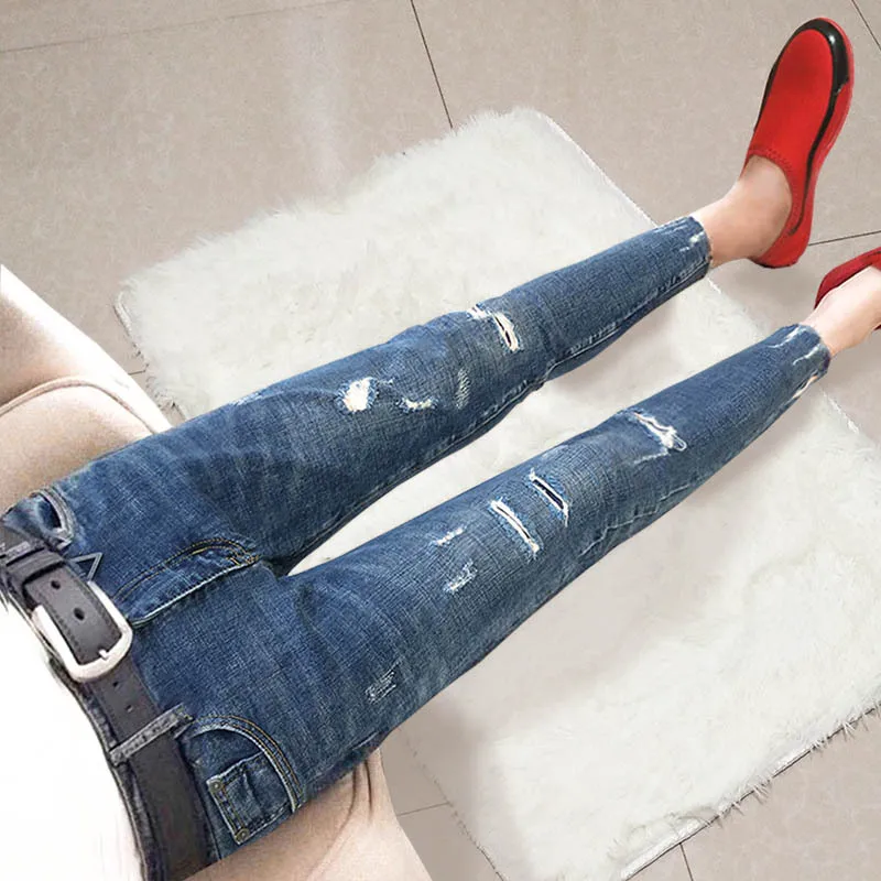 

Summer Autumn 2022 Fashion Casual Teenagers Ankle Length Pants Holes Social Spirits Guys Tight Jeans Men's Slim Pencil Pants