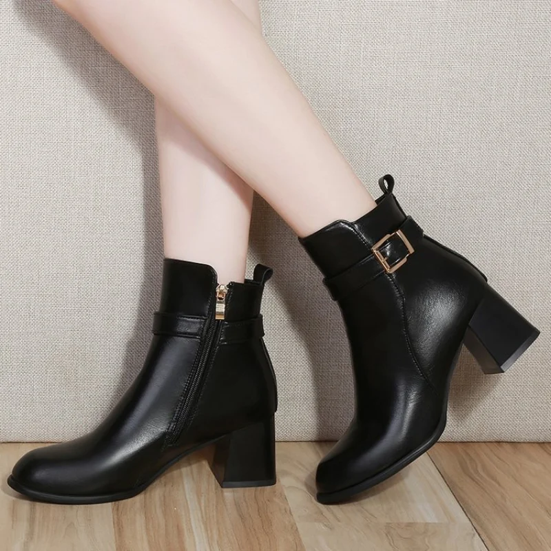 Women's Ankle Boots Winter Suede High Heels Ladies Fashion Autumn Pointed Toe Gladiator Black Brown Leather Shoes Plus Size 40