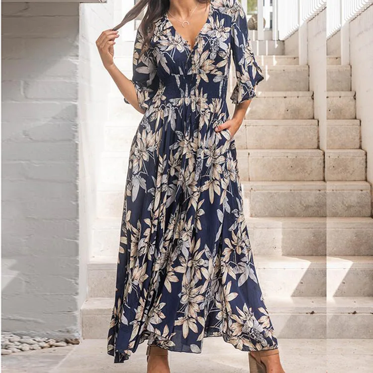 

Spring/Summer 2023 Women's Floral Elegant Print High Waist V-Neck Dress