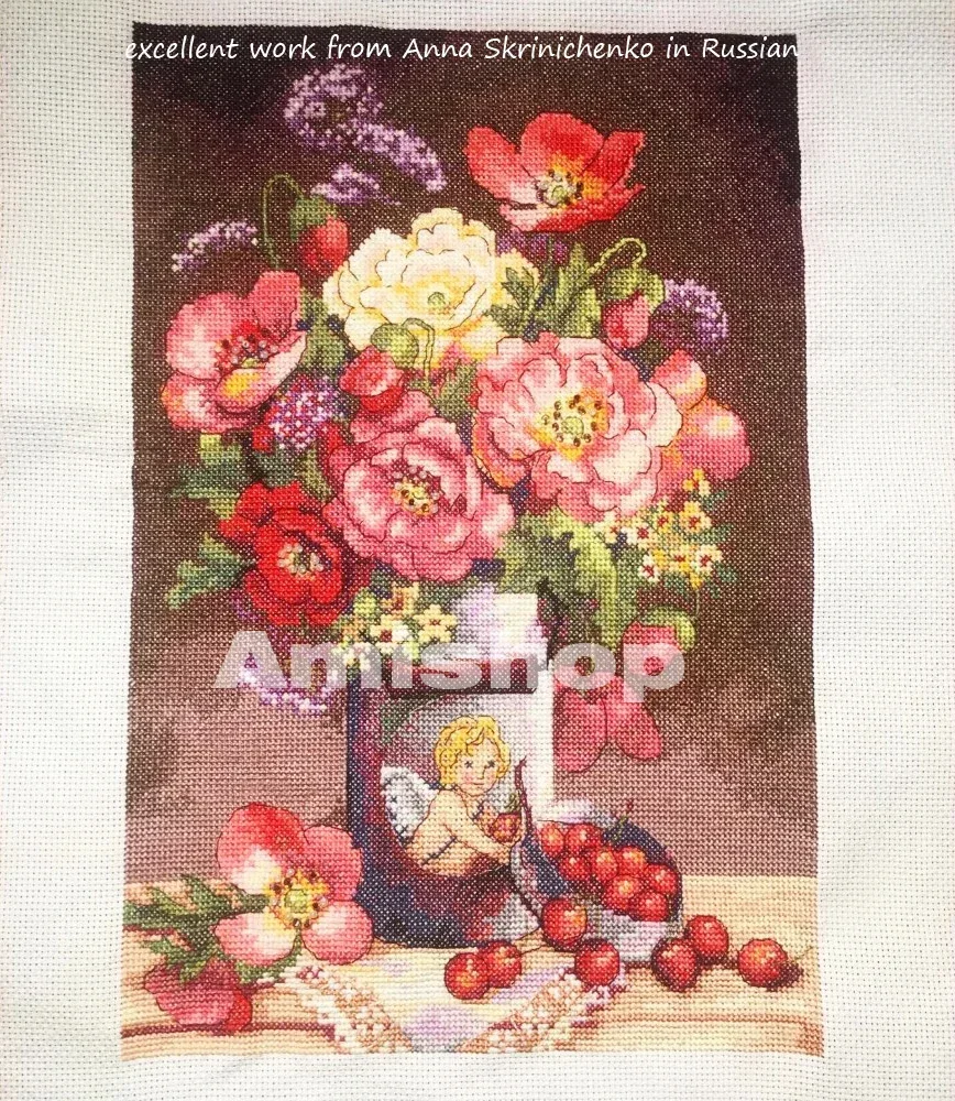 Amishop Золотая коллекция Набор для вышивки крестом Купидон Цветы Букет Ваза Пионы