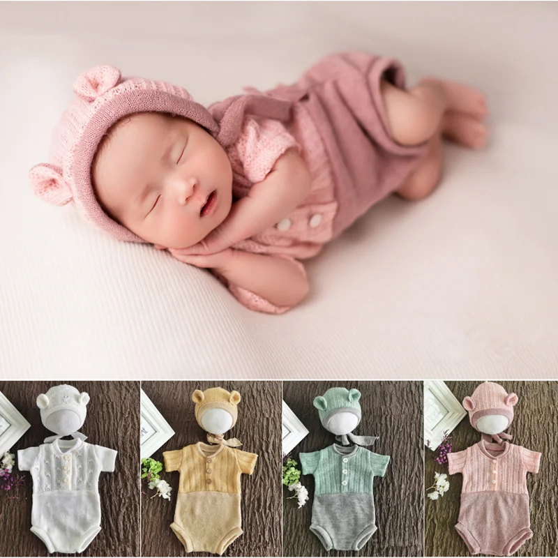 Dvotinst Newborn Photography Props for Baby Unisex Cute Outfits Ears Bonnet Fotografia Accessories Studio Shoots Photo Props