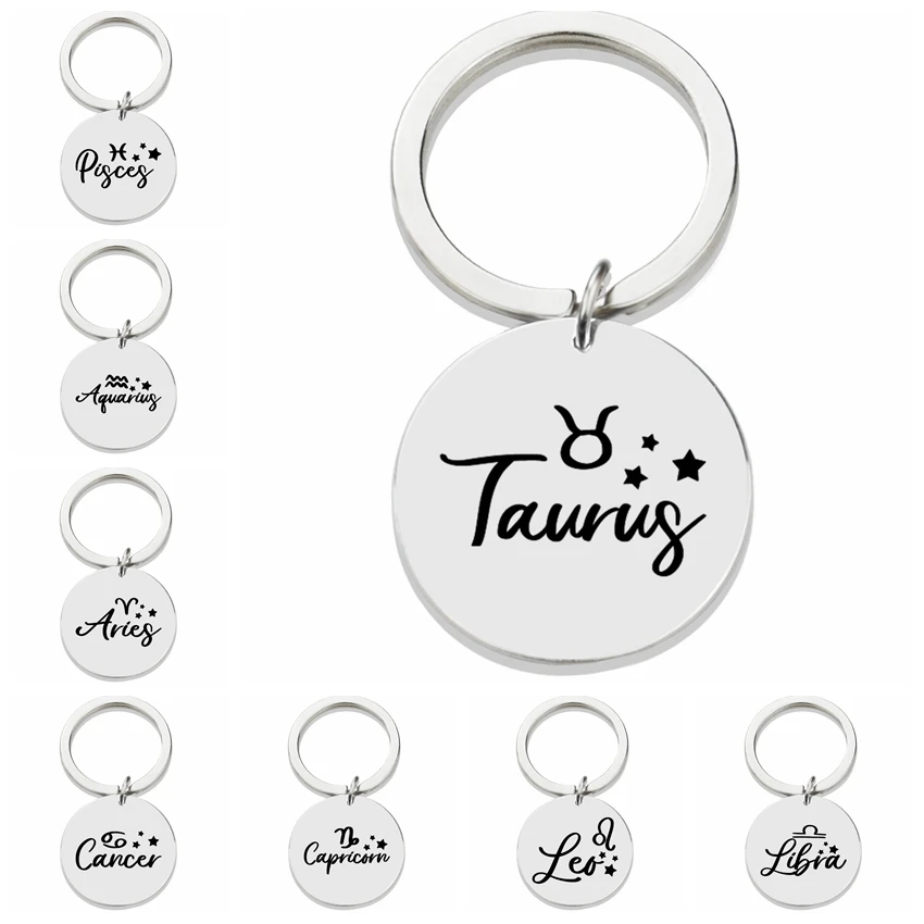 

12 Constellation Pattern Metal Carved Key Chains Circular Stainless Steel Keyring Fashion Men and Women Gift 1 PCS