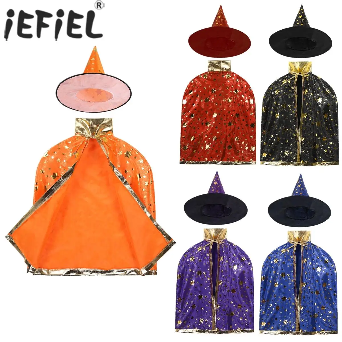 

Kids Halloween Cosplay Costume Witch Wizard Cloak Cape with Pointed Hat Carnival Theme Party Magician Role Play Dress Up Outfits
