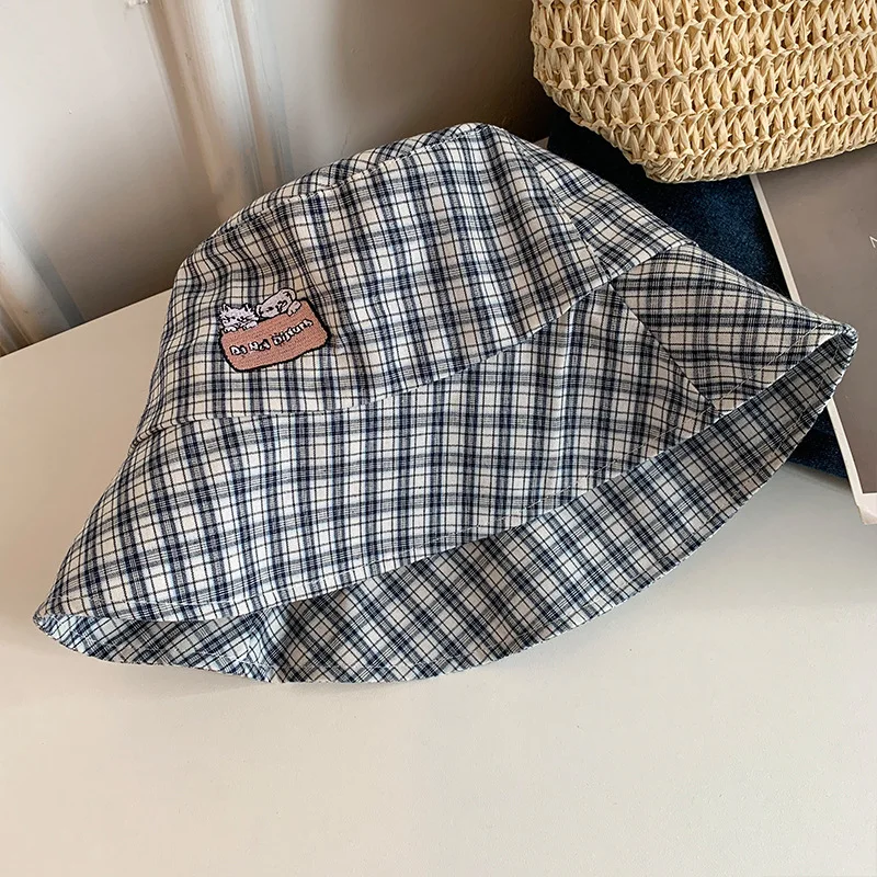 Синие панамы в клетку с милым щенком и вышивкой для женщин весенне-летние