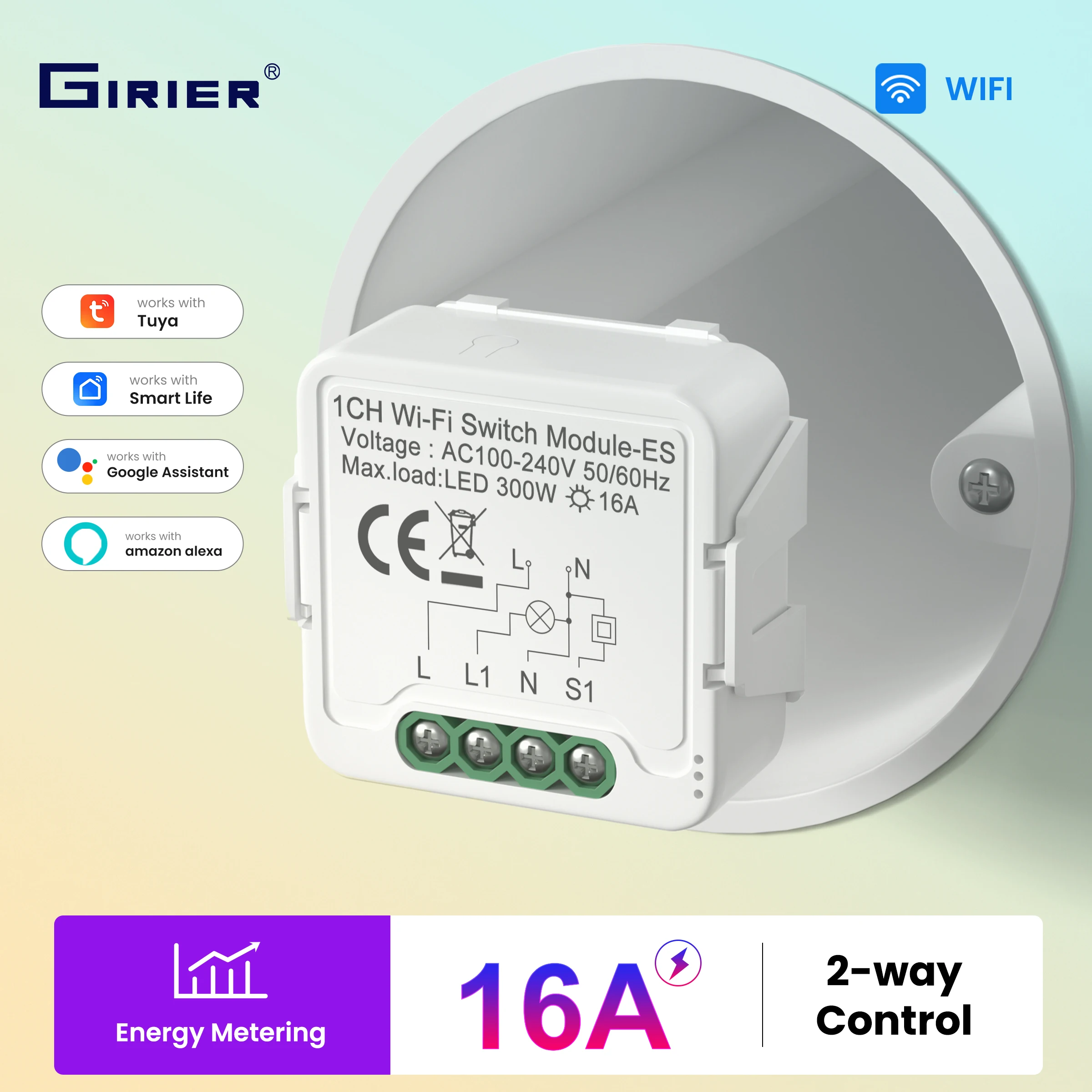 Фото Модуль умного выключателя GIRIER Tuya WiFi с мониторингом энергопотребления, 1/2 канала, требуется нейтральный провод, поддержка двунаправленного управления, совместимость с Alexa №1