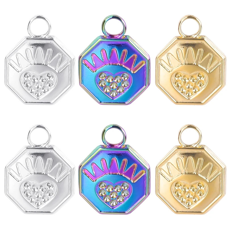 

6Pcs/Lot Hexagons Heart Can Be Diamond-studded Stainless Steel Charms Pendants Accessories, DIY Jewelry Making Finding Supplies