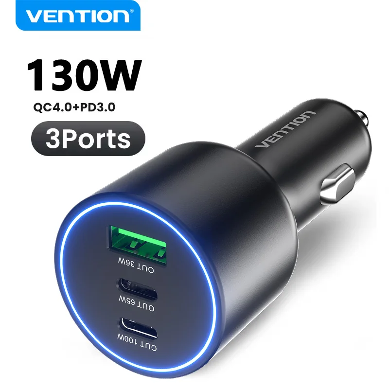 Фото Автомобильное зарядное устройство Vention 130 Вт, USB Type-C, QC 4.0, PPS, PD 30 Вт, быстрая зарядка, USB-C, для iPhone 16, 15 Pro, Samsung, Macbook №1