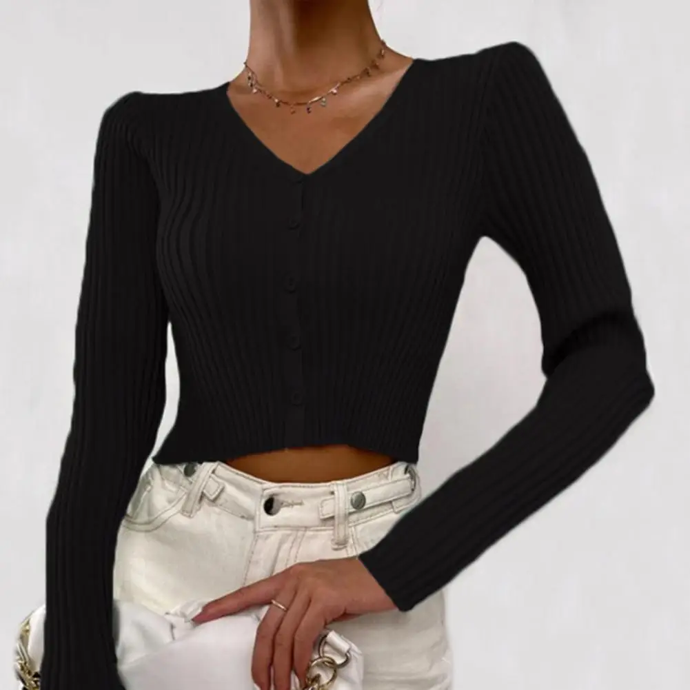 

Chic Sweater Cardigan V-Neck Elastic Soft Autumn Women Simple Knitted Cardigan Sweater