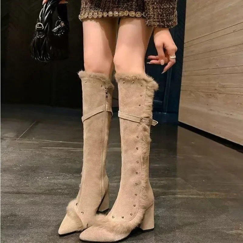 Элегантные женские высокие сапоги на меху замшевые туфли до колена высоком