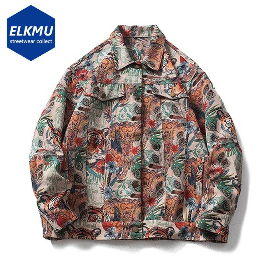 

Fashion Floral Jackets Tiger Pattern Oversized Hip Hop Jacket Men's Japan Harajuku Loose Outerwear