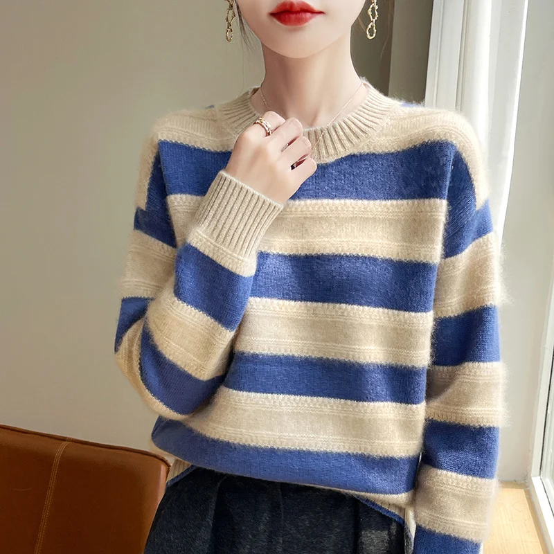 Модный универсальный женский семиконтактный горизонтальный шерстяной свитер из