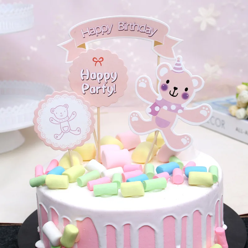 

4pcs/set Cute Bears Pink Blue Happy Birthday Cake Toppers Lovely Animal Plugin Decoration For Children's Birthday Party Gifts