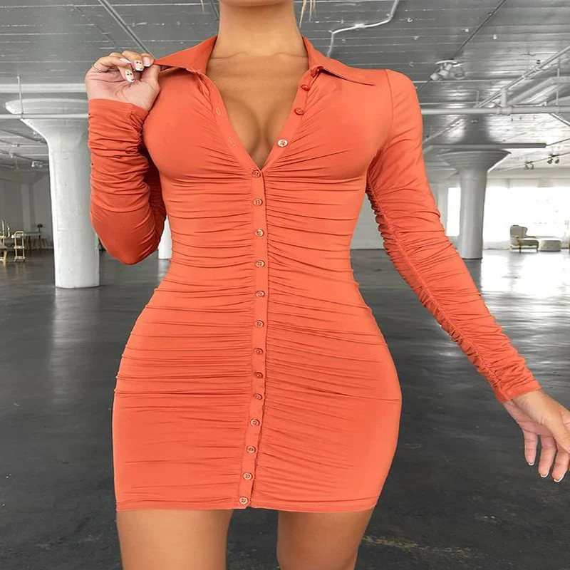 Articat New Autumn Casual Womens Dresses Vintage  Single-breasted Summer Dress Simply Ruched Y2K Womens Clothing 2021
