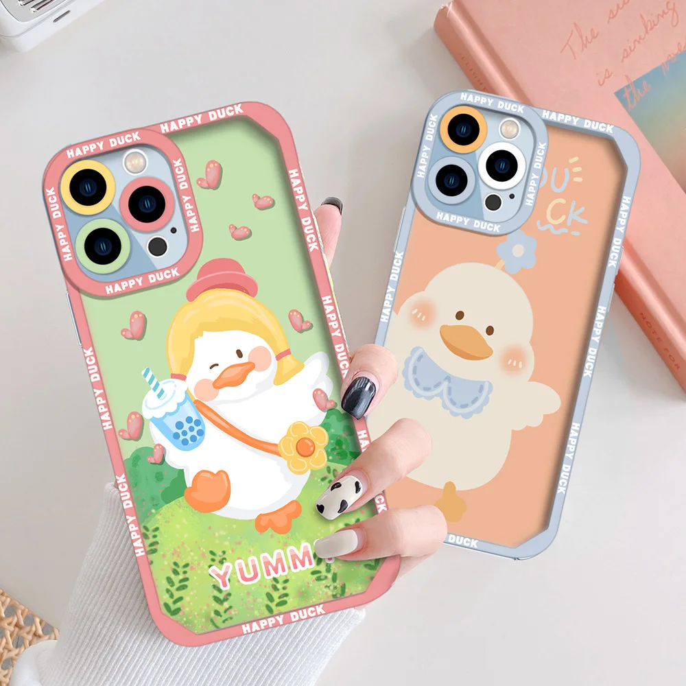 

Cute Fat Duck Phone Case for iPhone 13 12 Mini 11 Pro Max XS X XR 7 8 Plus SE 2020 Transparent Soft TPU Back Cover Cartoon Funda