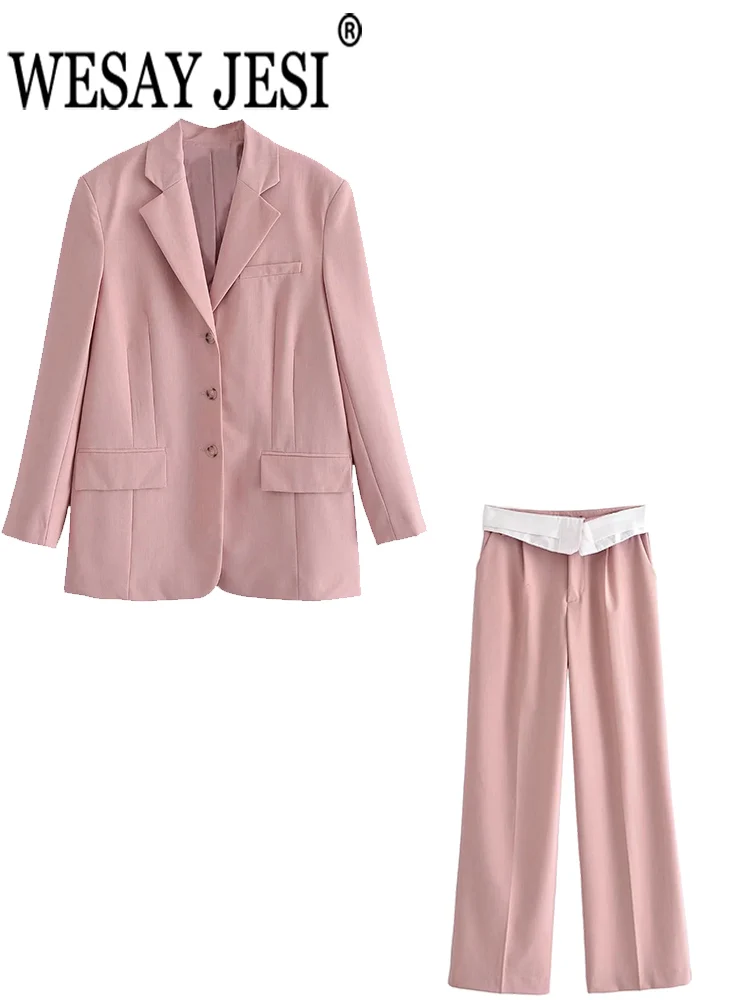 

WESAY JESI Women's Suit Loose Single Button Solid Color Blazer + Loose Casual Pants Commuter 2-Piece Pocket Clothing Workwear