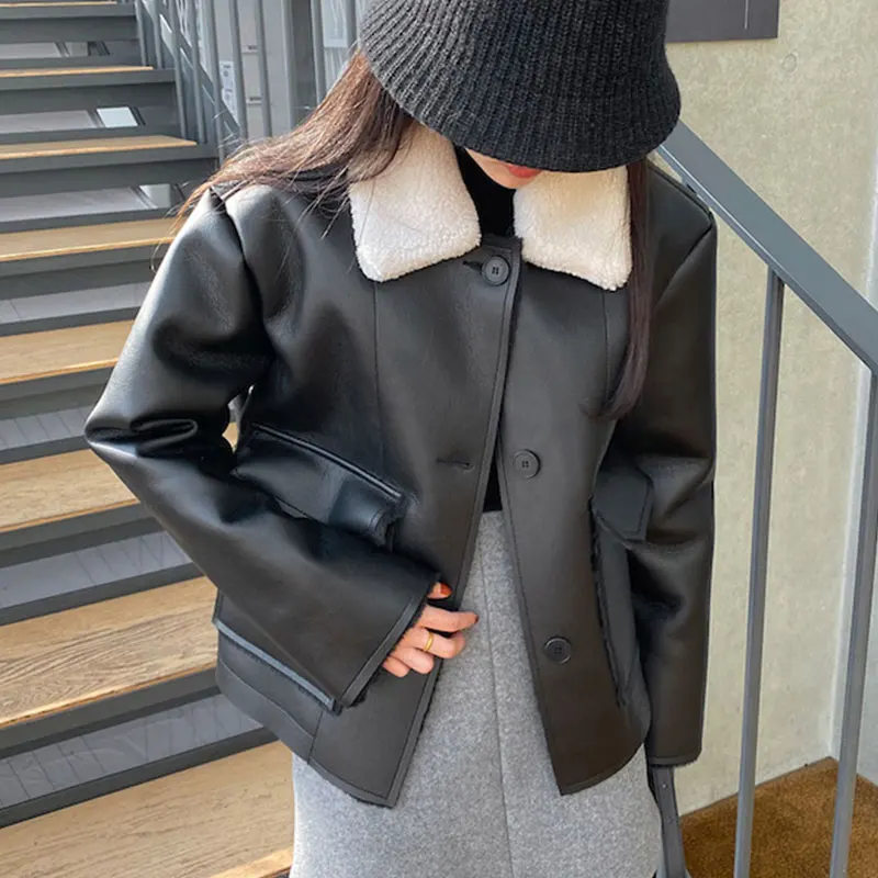 Clothland Women Thick Black PU Leather Jacket Pockets Long Sleeve Single Breasted Autumn Winter Chic Coat Tops CA467