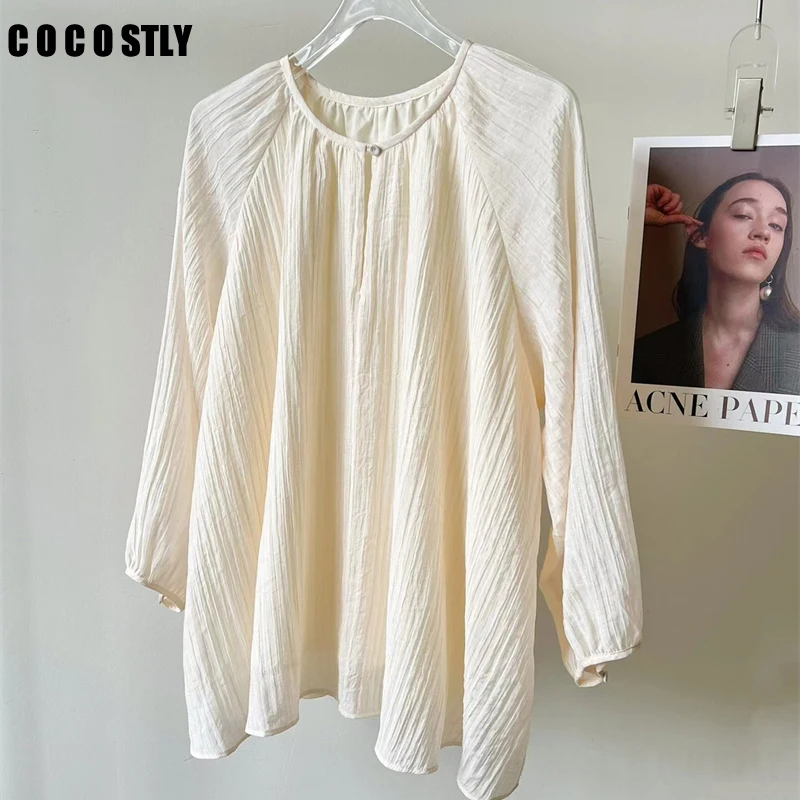 

2022 Autumn New Women Sweet Temperament Loose Blouse Lantern-Sleeve Crew Neck Pleated Loose Fashion Shirt Tops Female Pullover