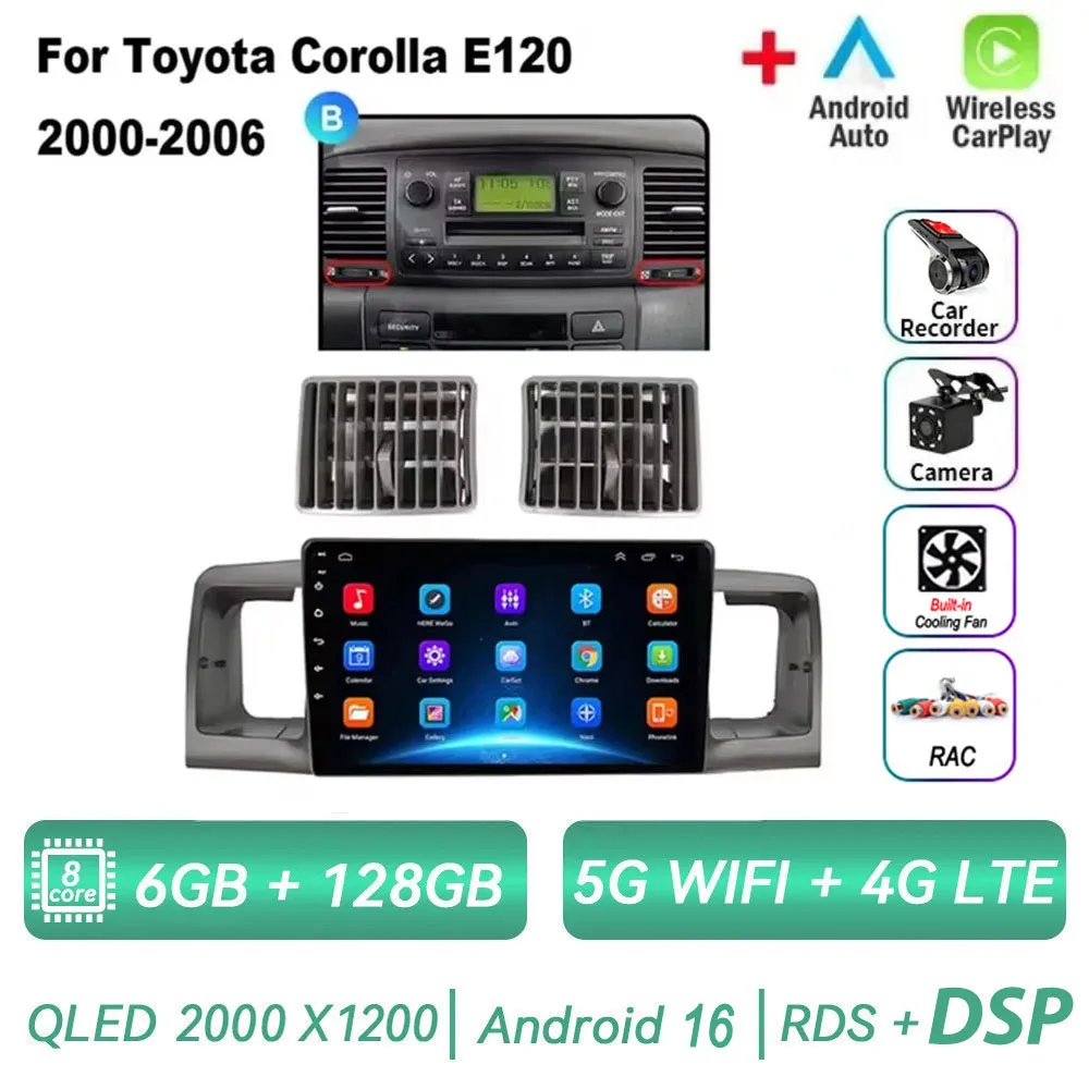 

Автомагнитола Android 16 для Toyota Corolla E130 E120 2000-2006, мультимедийный плеер, навигация GPS, беспроводной Carplay, 2din, стерео, DVD