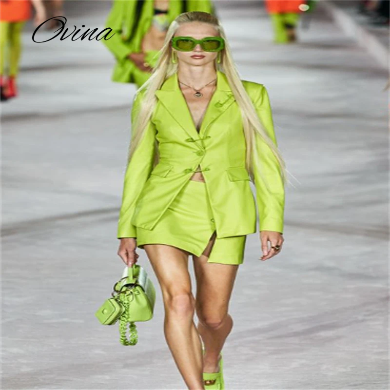 

PU Leather Fluorescent Green 2-piece Set Women's 2022 Autumn And Winter Single Buckle Long Sleeve Blazer Coat Short Skirt Suit