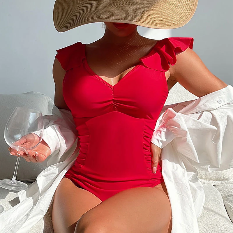 

Сексуальный красный купальник с оборками на бретелях, женский слитный купальник 2023, женский купальный костюм, купальная одежда, пляжная одежда, костюмы для плавания