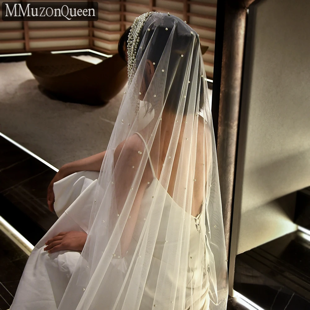 

MZA29 White/Off-white Bridal Veils with Pearls Beads Wedding Cathedral Veil One Layers In Stock 3 Meter Bride Veil With Comb