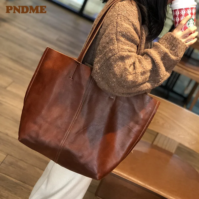 Handmade genuine leather tote bag for women fashion vintage outdoor simple shopping bag handbag high quality cowhide party bags