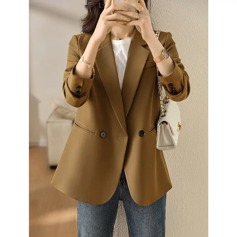 Coffee Suit Jacket Women's Spring Autumn Large Casual Jacket Loose Professional Sstitching Small Suit