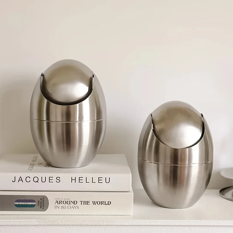 

Мини-мусорное ведро из нержавеющей стали в форме яйца на 50,72 унции с откидной крышкой - прочное гладкое настольное ведро для прикроватного обеденного стола, офиса и дома