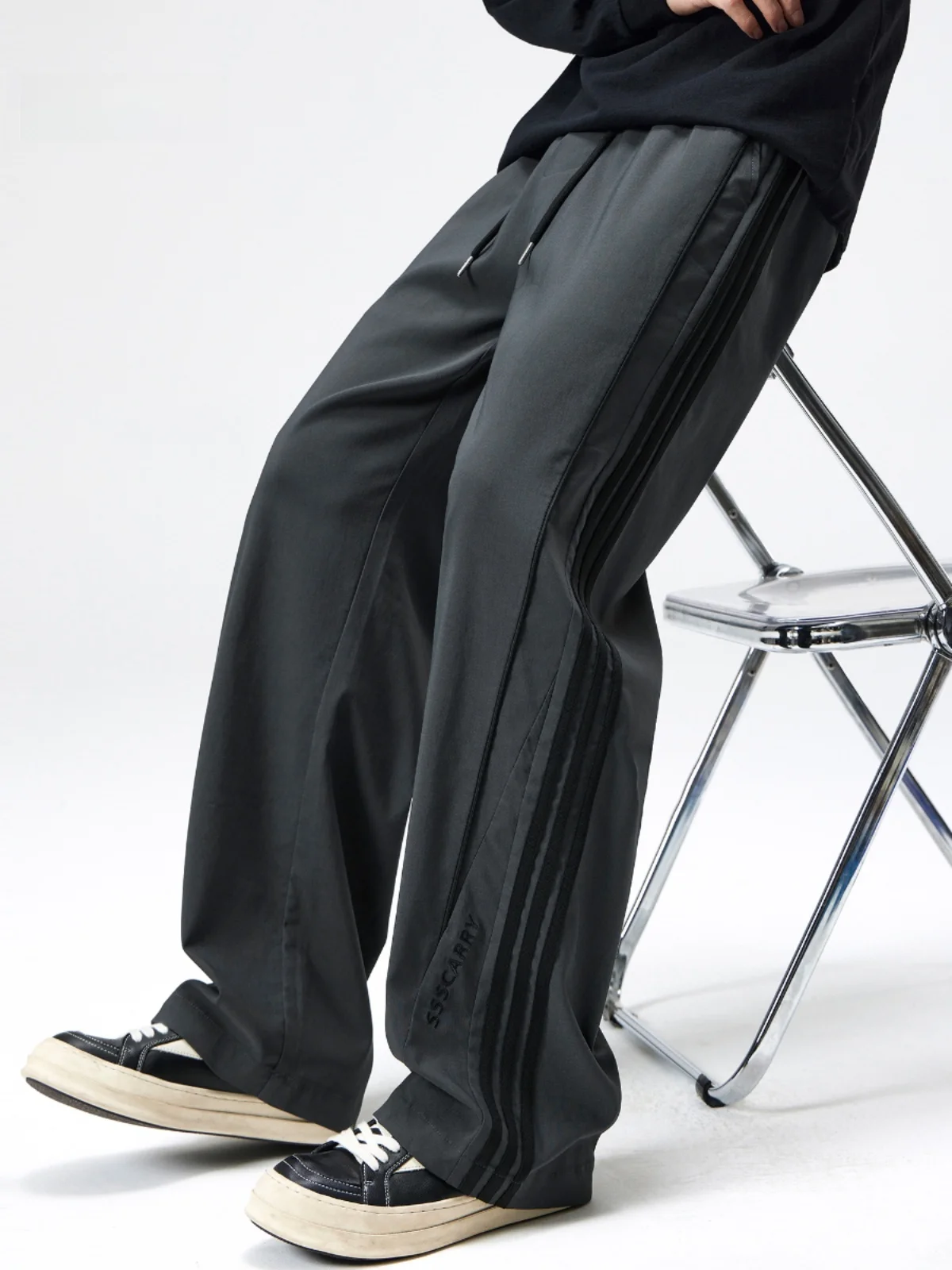 Uoohe American-Sle Three-Bar Pants Men's 2024 Autumn New Loose Straight Casual Trousers Stripe Wide-Leg