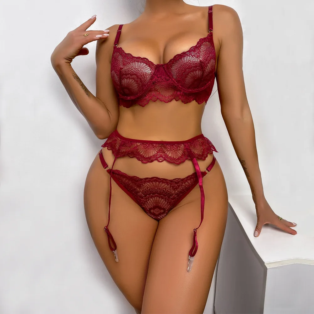 

Wasteheart Red Women Fashion Garter Bralette Mesh Panties Push Up Padded Bra Sets Underwear Sexy Lingerie Exotic Sets 3 Piece